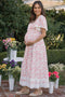 Pink Floral Lace Trim Flutter Sleeve Maternity Maxi Dress