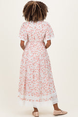 Pink Floral Lace Trim Flutter Sleeve Maternity Maxi Dress