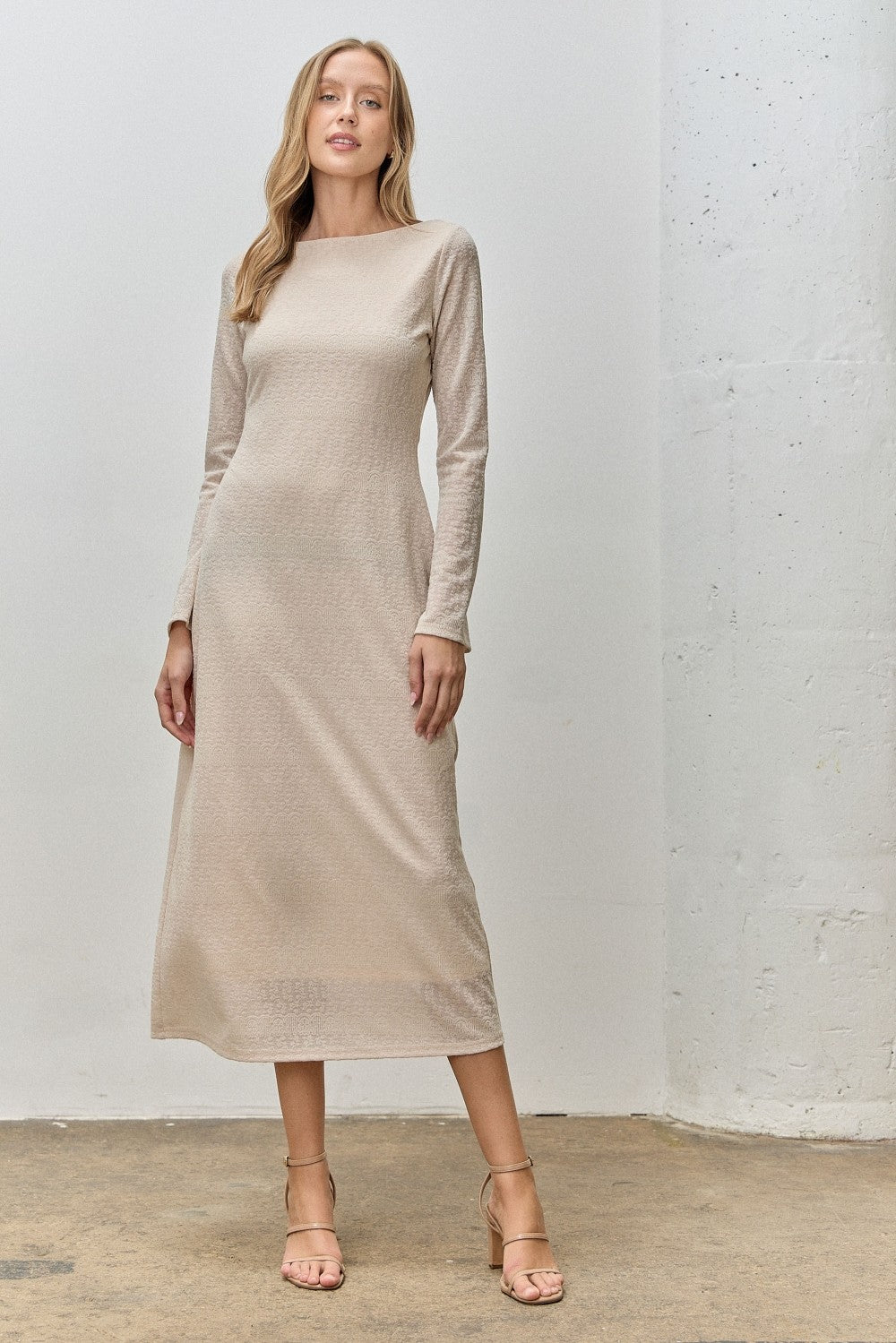 Beige Lace Jacquard Long Sleeve Maternity Midi Dress