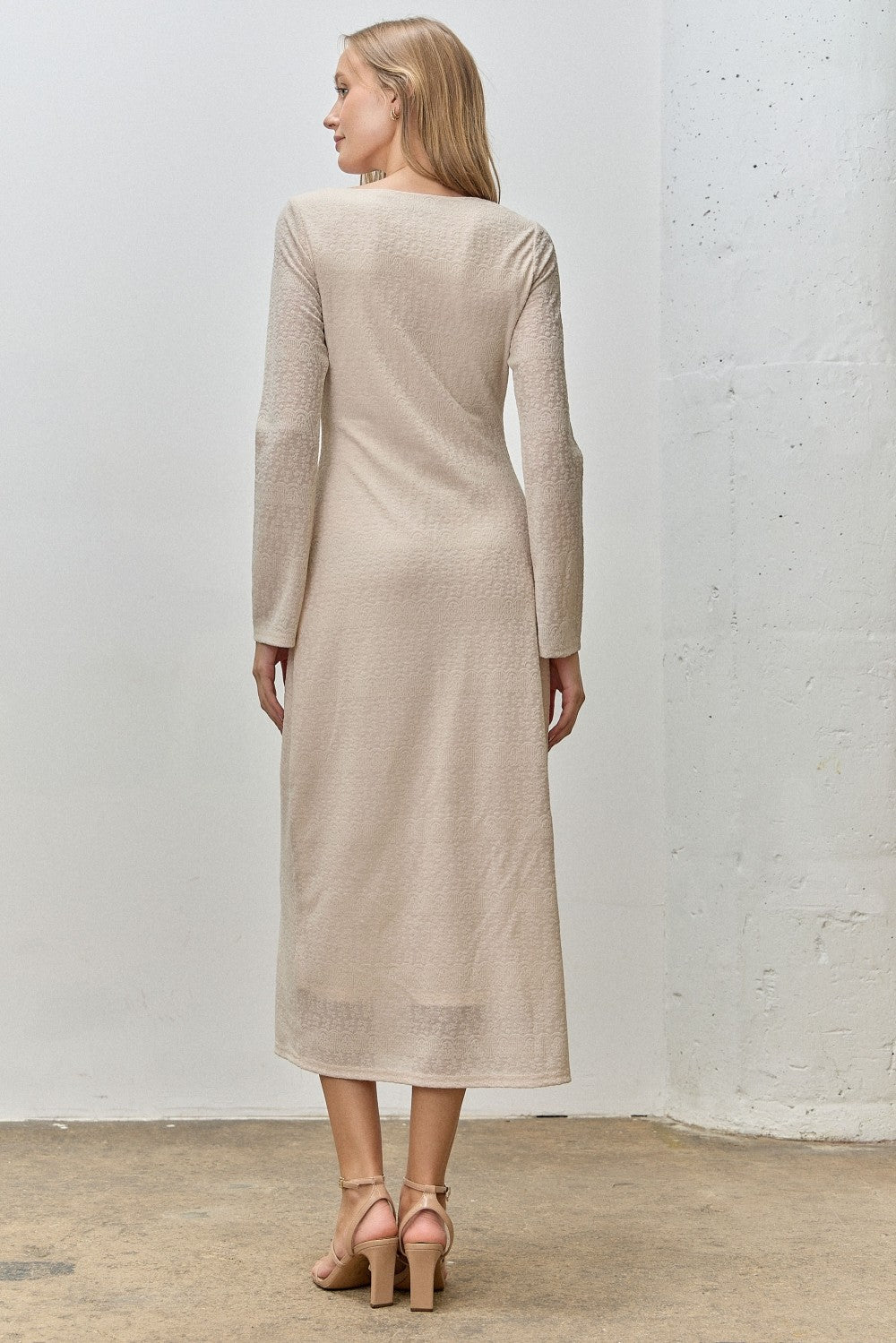 Beige Lace Jacquard Long Sleeve Midi Dress