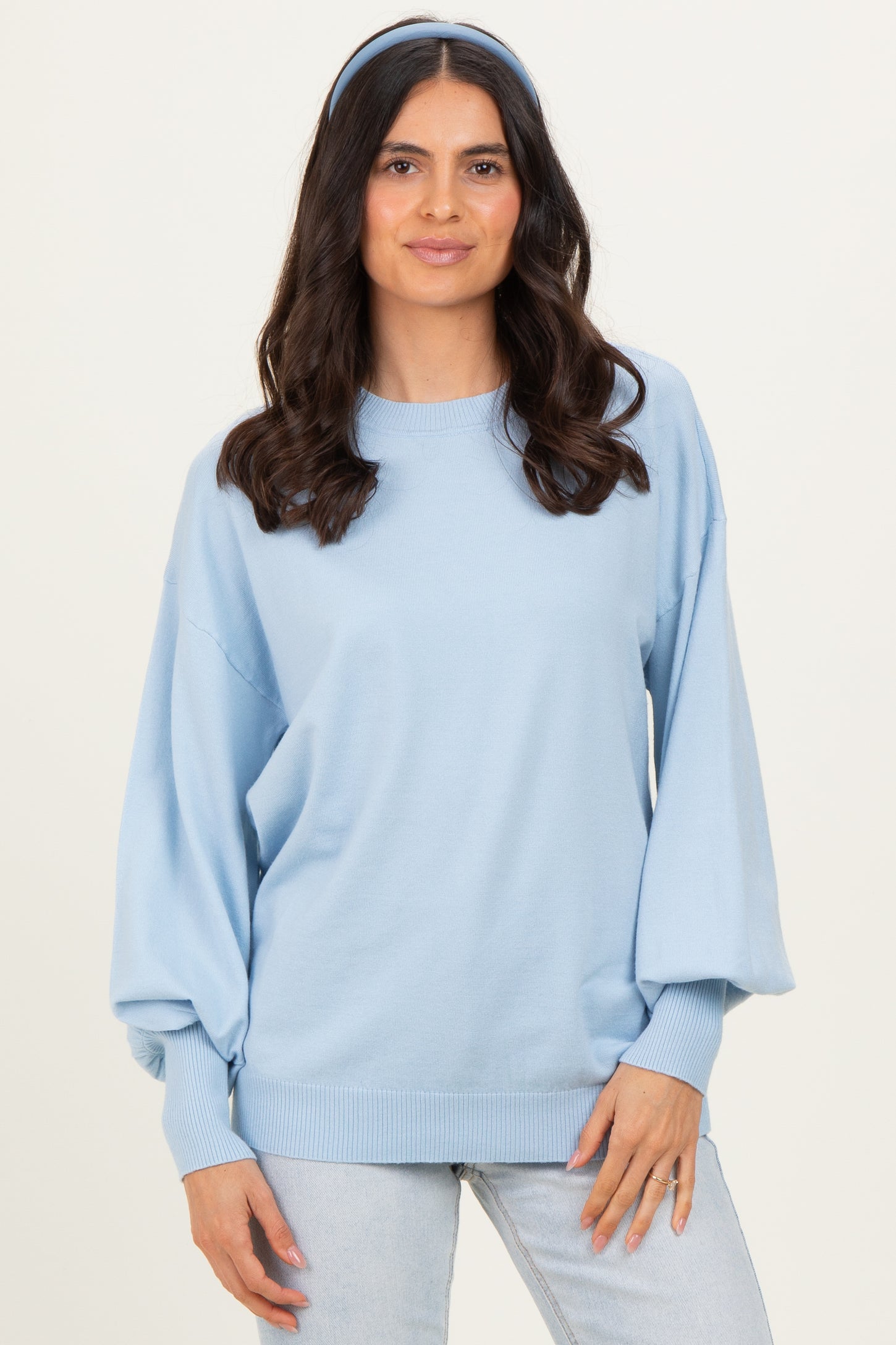 Blue Fine Knit Balloon Sleeve Maternity Sweater