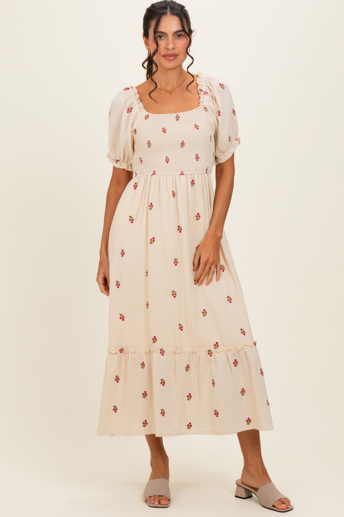 Cream Embroidered Smocked Maternity Midi Dress