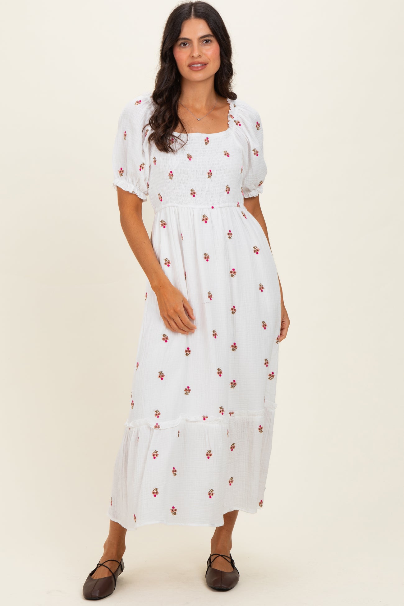 Ivory Embroidered Smocked Maternity Midi Dress