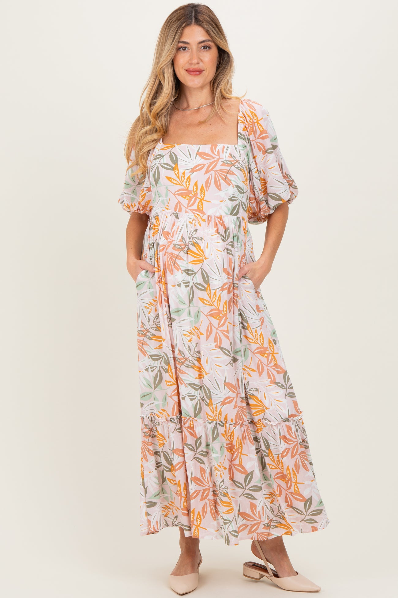 Light Pink Floral Tiered Maternity Maxi Dress