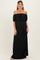 woman wearing a black off-shoulder maternity maxi dress showcasing her baby bump