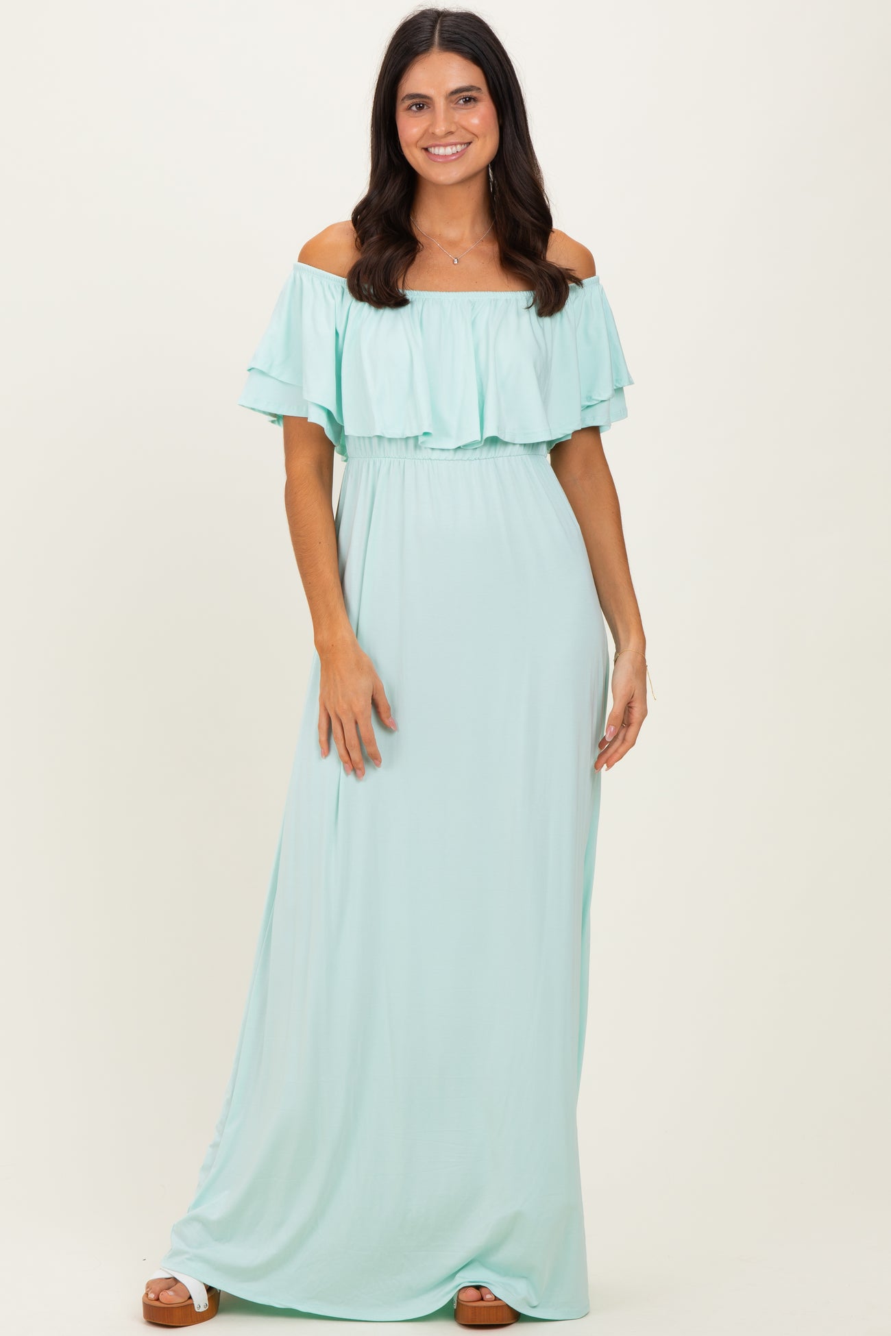 Mint Ruffle Off Shoulder Maternity Maxi Dress
