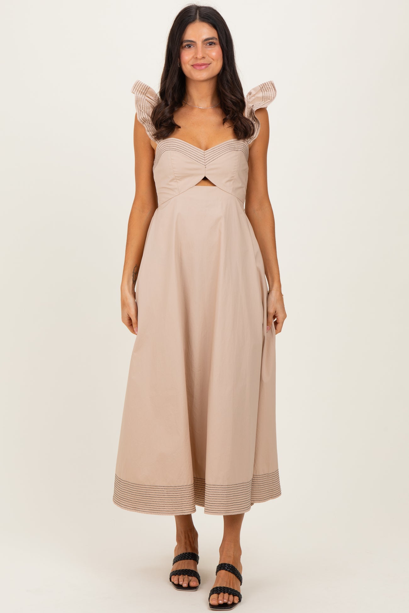Beige Cutout Seam Detail Maternity Midi Dress