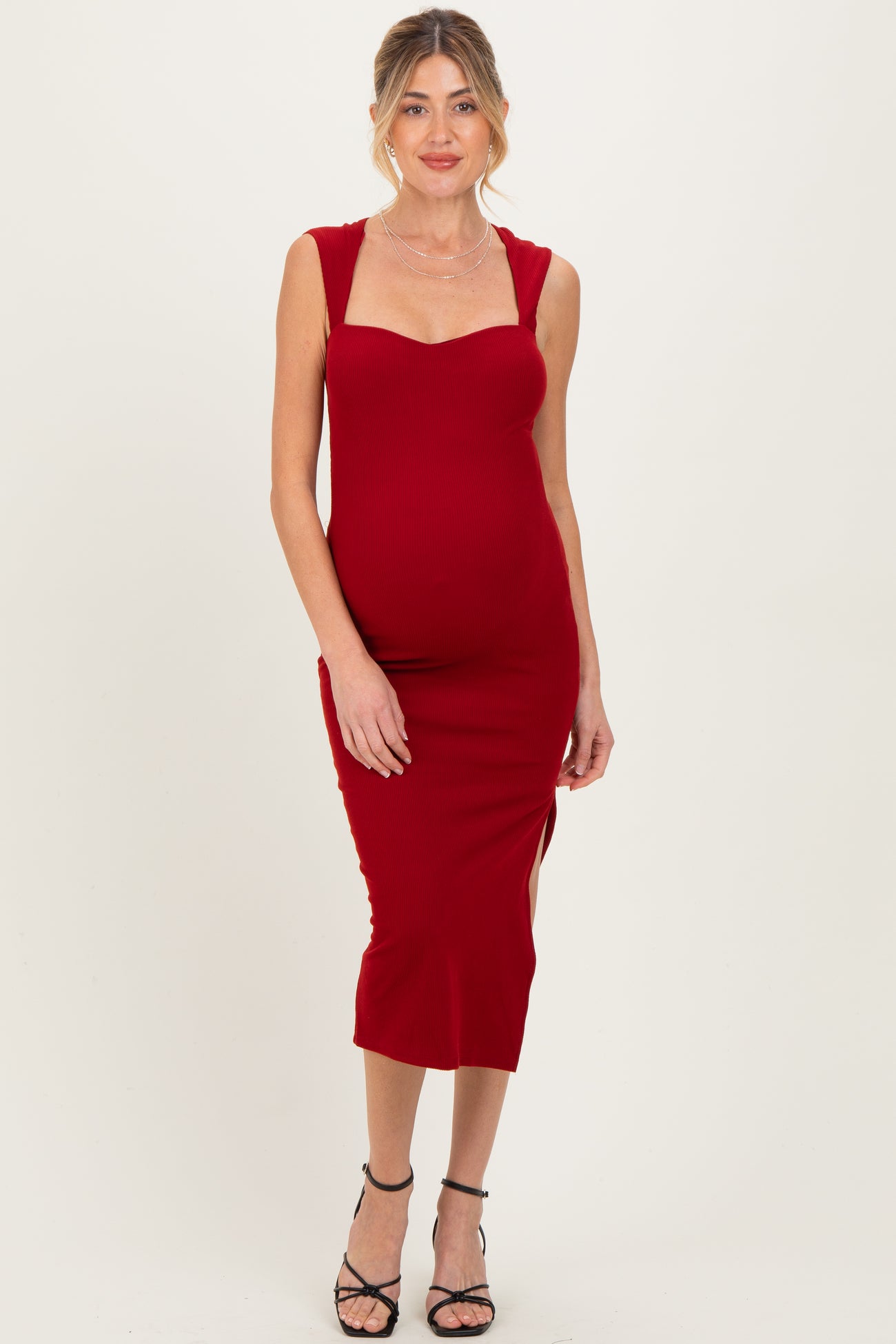 Burgundy Cutout Fitted Maternity Midi Dress