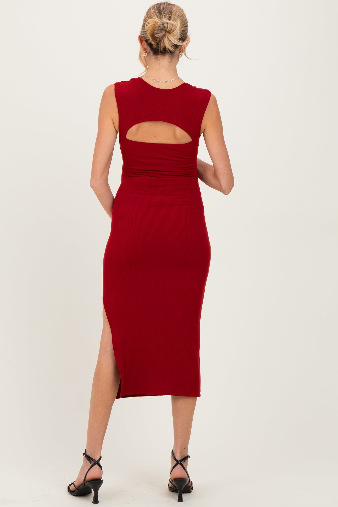 Burgundy Cutout Fitted Maternity Midi Dress