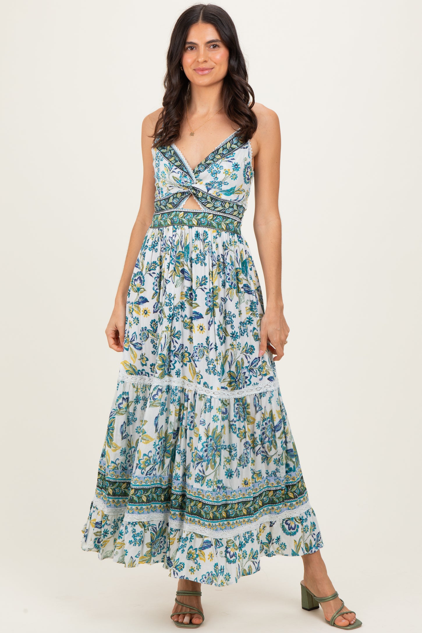 Ivory Floral Twisted Front Lace Detail Maternity Maxi Dress