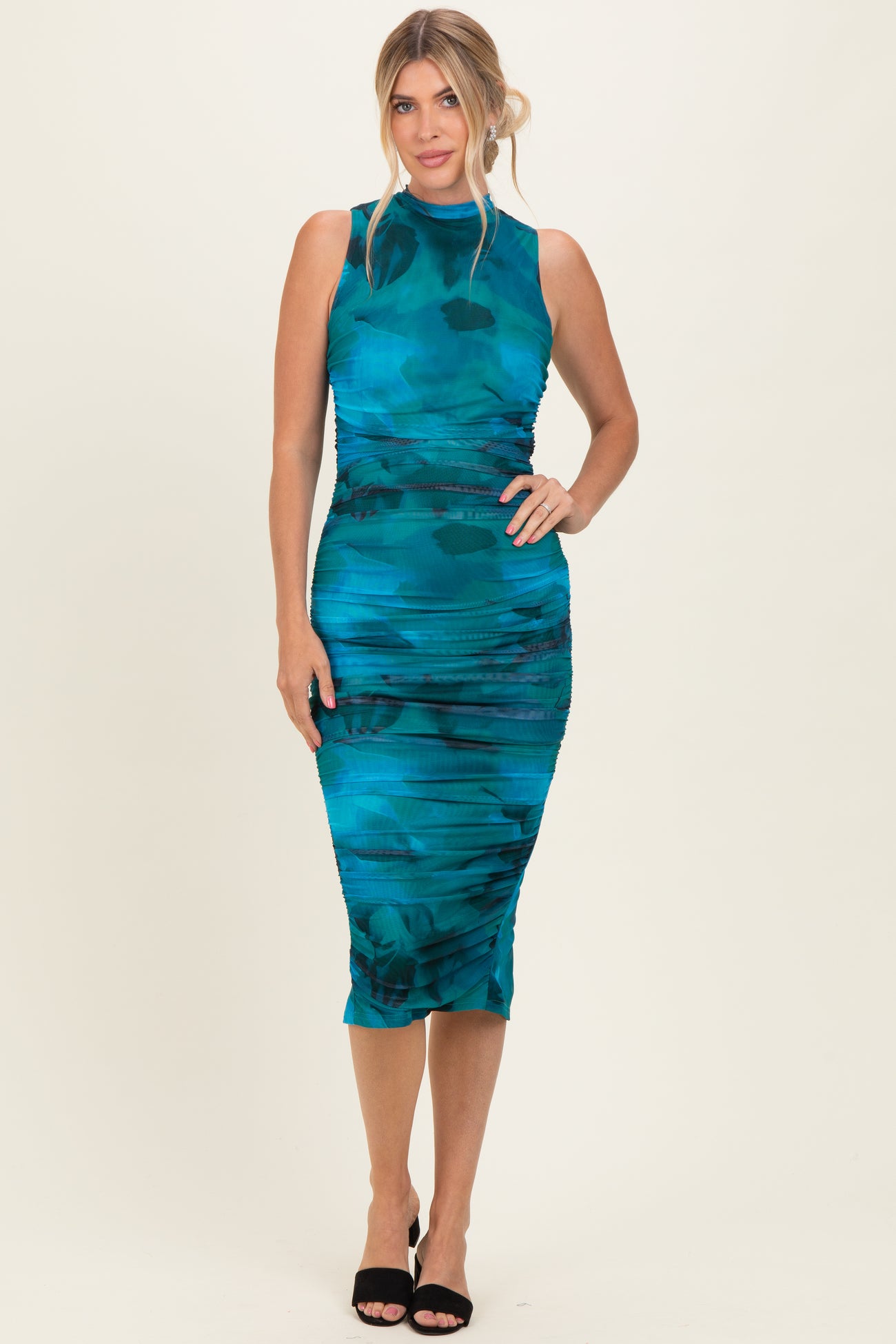 Turquoise Floral Mock Neck Ruched Maternity Midi Dress