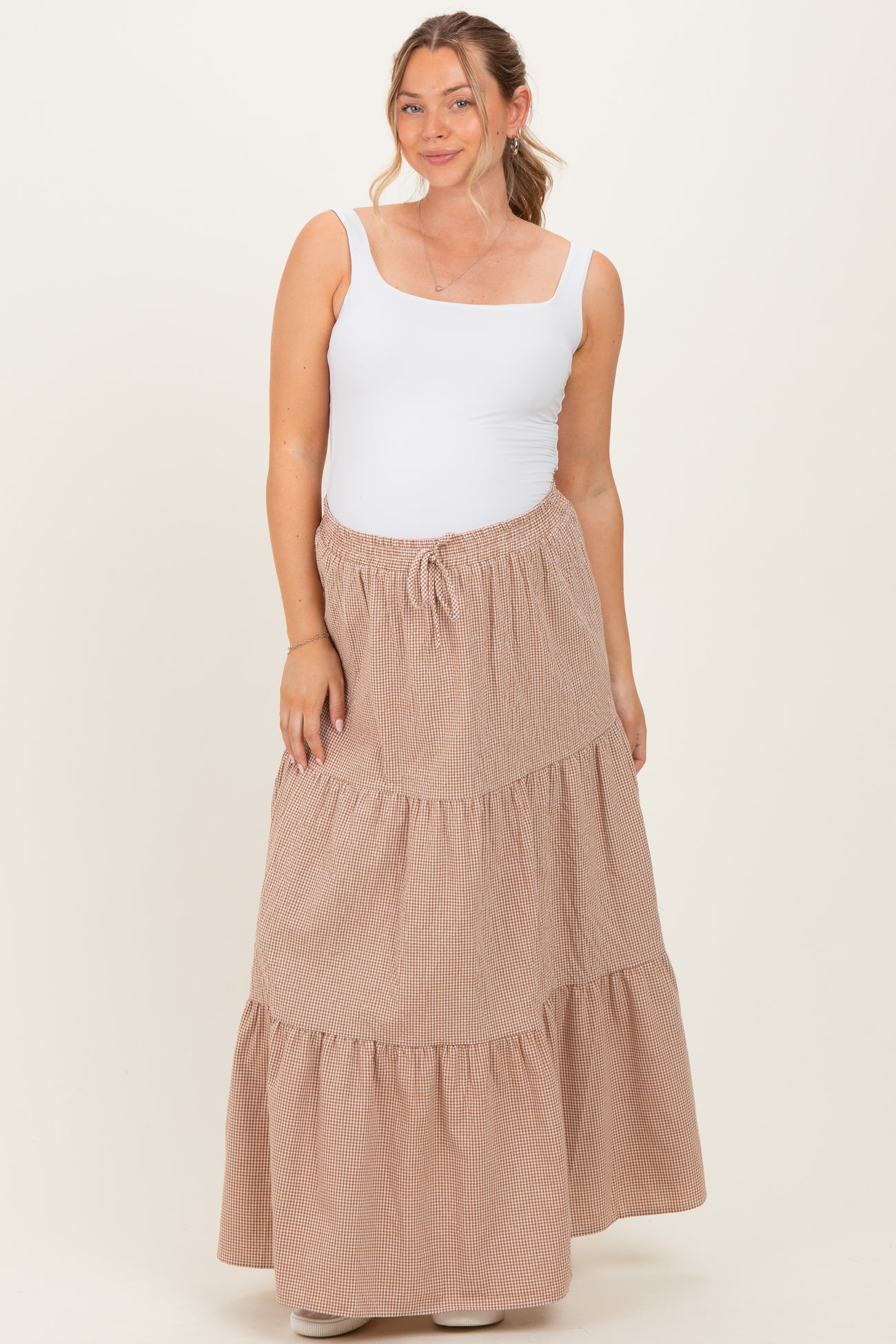 Taupe Gingham Tiered Maternity Maxi Skirt