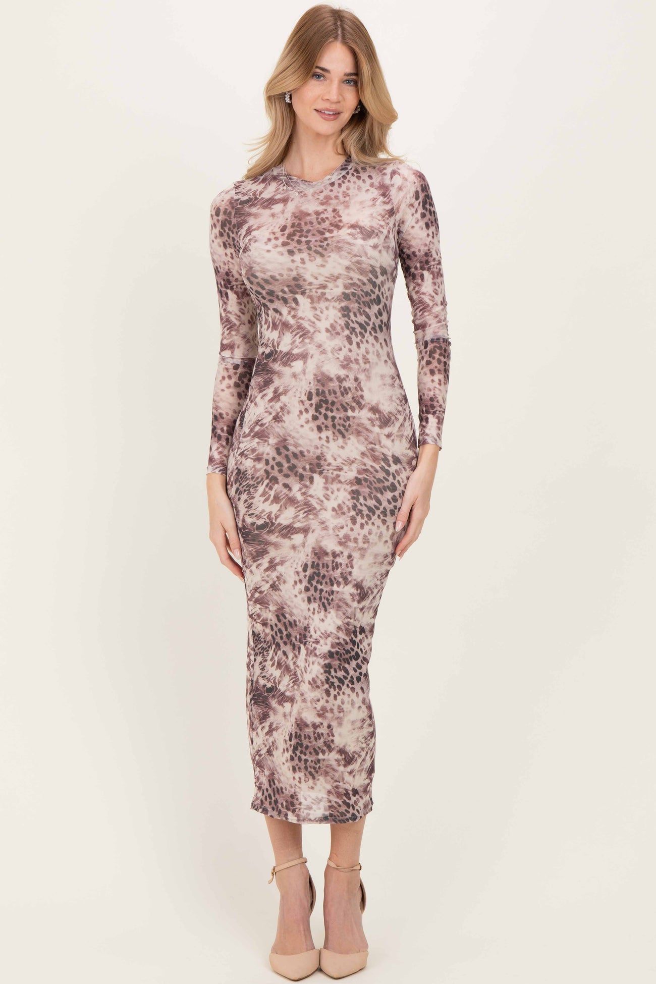 Cream Animal Print Mesh Overlay Maternity Maxi Dress