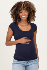 Navy Ribbed Rounded Square Neck Maternity Top