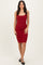 woman wearing a fitted ribbed red midi dress with a scoop neckline and thin straps