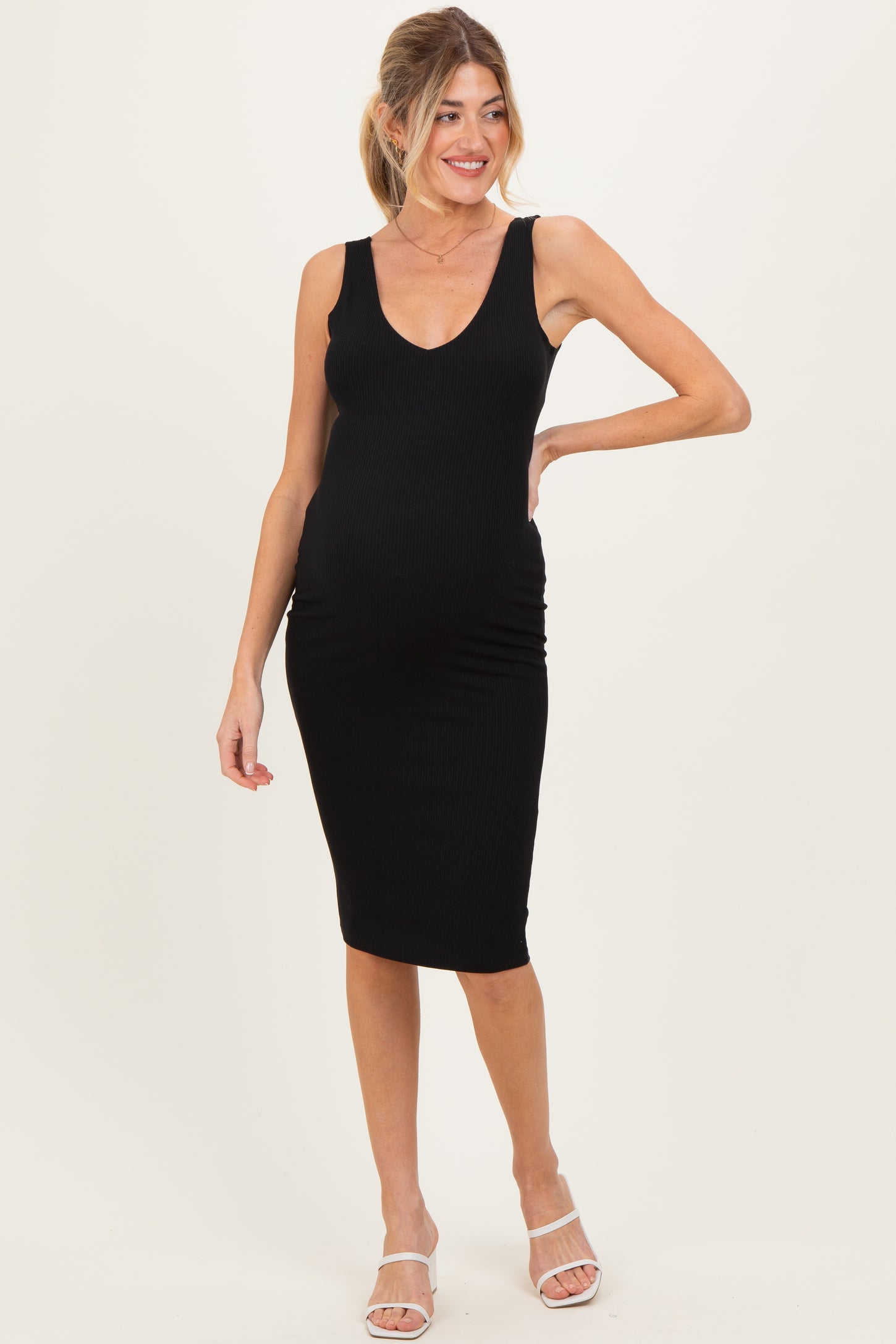 Black Ribbed Knit V-Neck Maternity Tank Dress