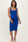 woman wearing a blue fitted maternity dress with a square neckline and showing her baby bump