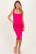 woman wearing a fitted hot pink maternity dress with a square neckline and a visible baby bump