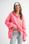 Bright Pink Snap Button Pullover Henley Sweatshirt