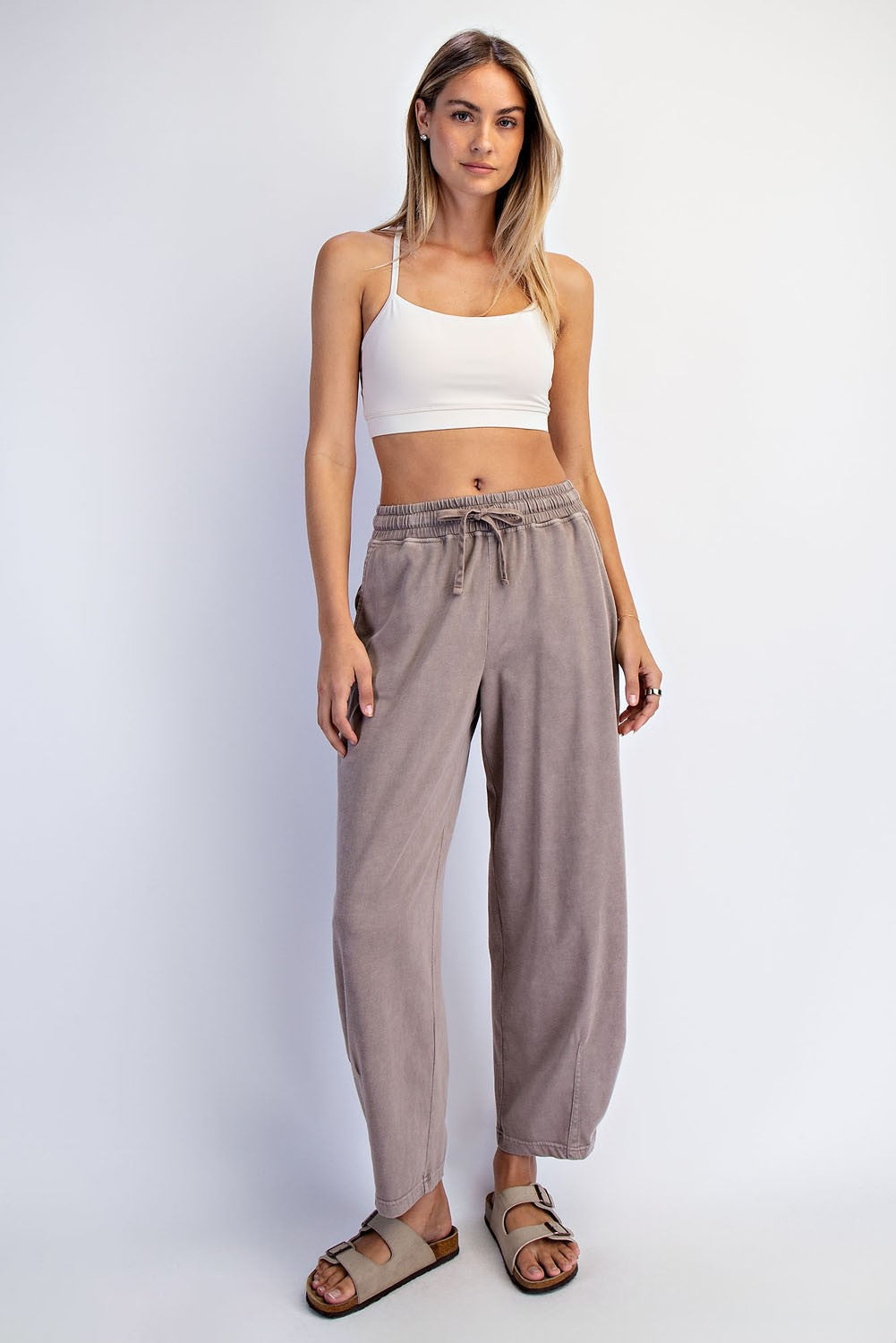 Mocha Mineral Wash Barrel Leg Maternity Lounge Pants