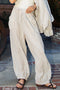 Taupe Striped Cotton Gauze Drawstring Pants