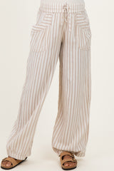 Taupe Striped Cotton Gauze Drawstring Maternity Pants