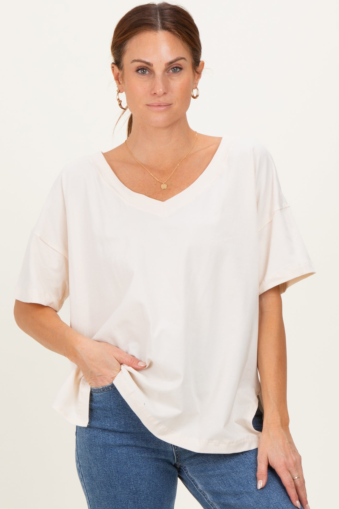 Ivory Oversized Reversible V-Neck Maternity Tee