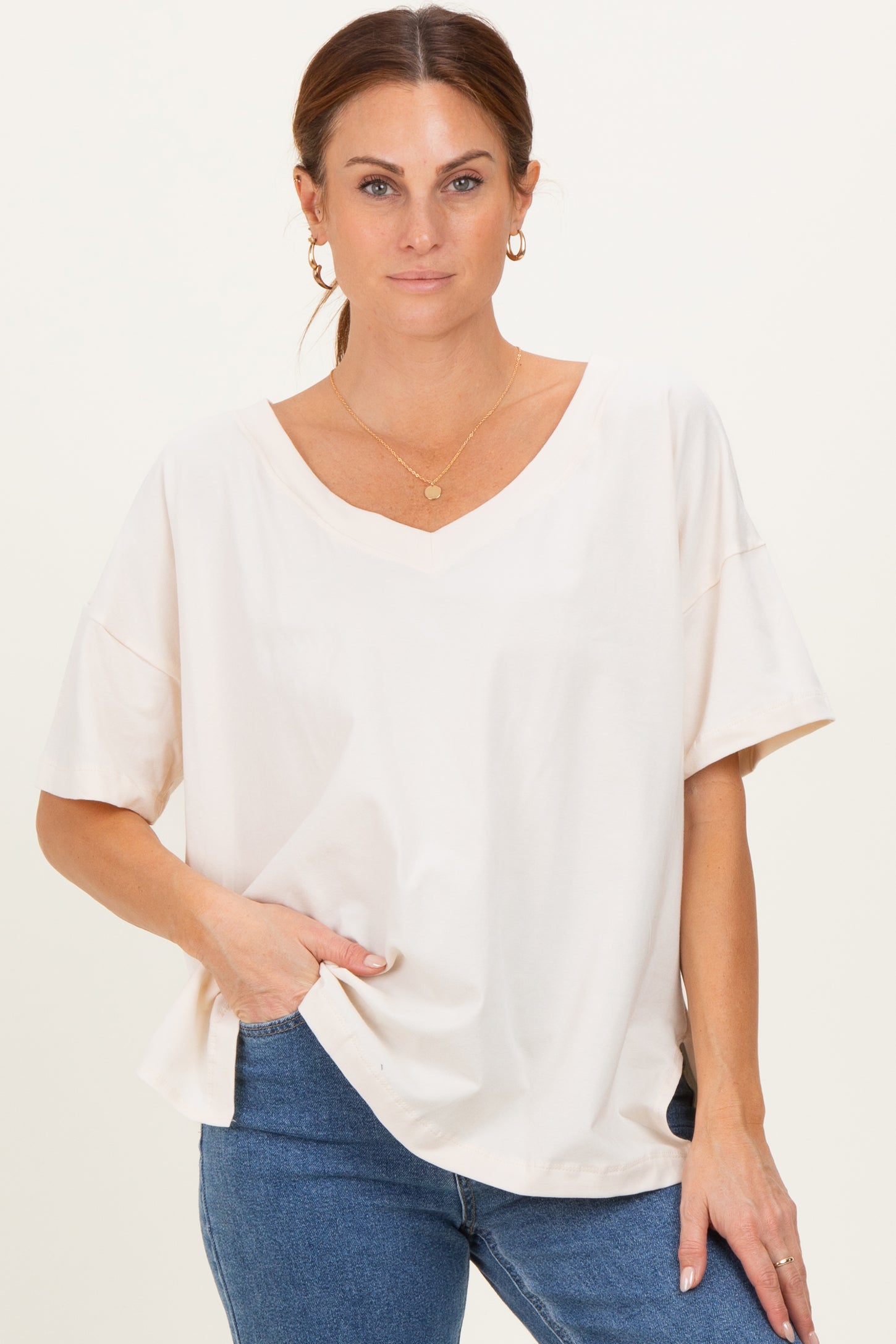 Ivory Oversized Reversible V-Neck Maternity Tee