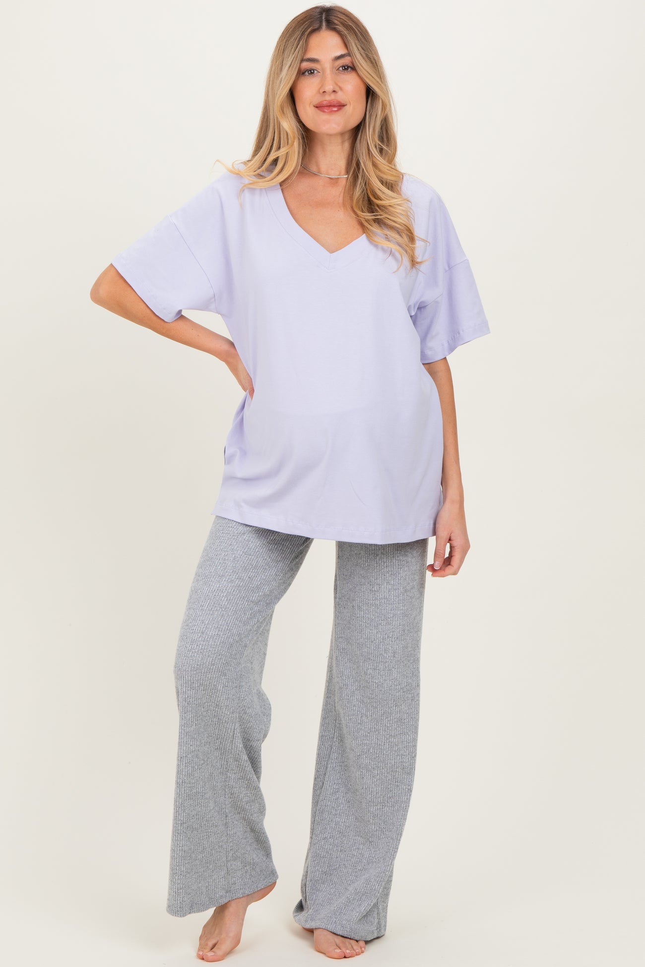 Lavender Oversized Reversible V-Neck Maternity Tee