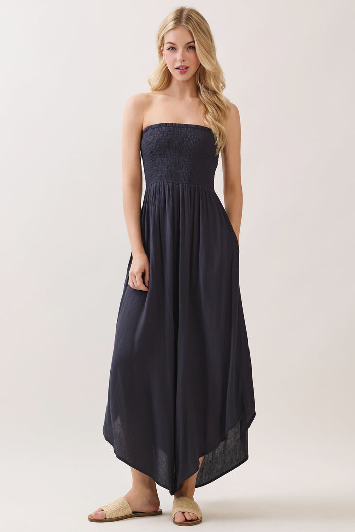 Navy Smocked Strapless Tulip Leg Maternity Jumpsuit