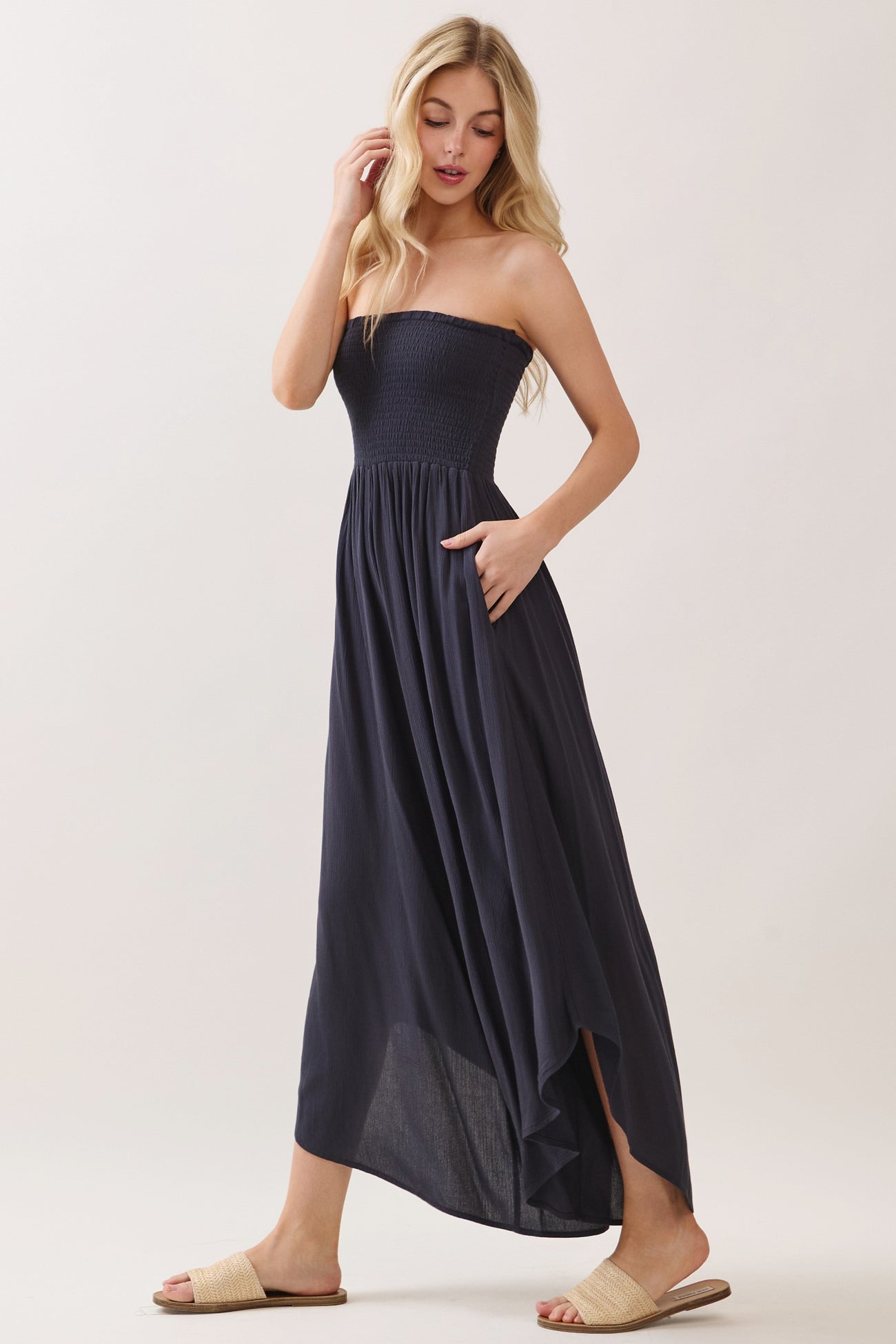 Navy Smocked Strapless Tulip Leg Jumpsuit