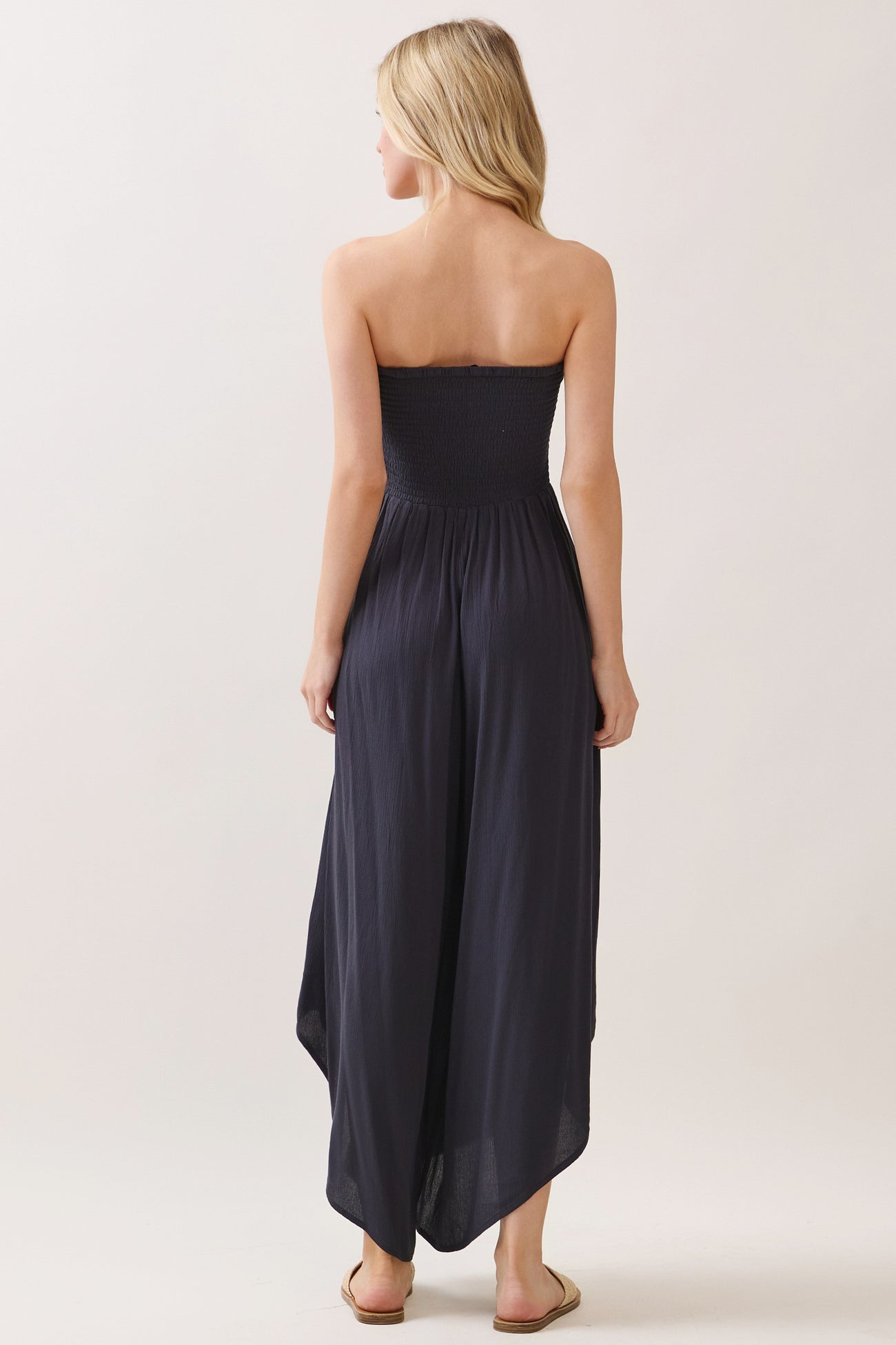 Navy Smocked Strapless Tulip Leg Jumpsuit