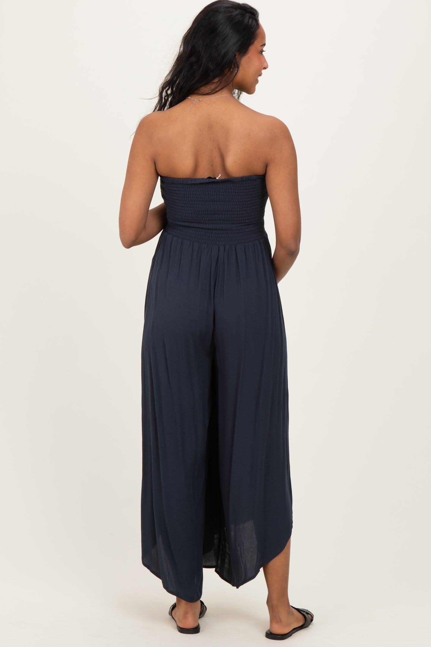 Navy Smocked Strapless Tulip Leg Maternity Jumpsuit