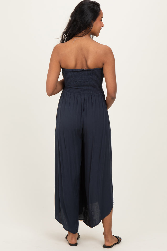 Navy Smocked Strapless Tulip Leg Maternity Jumpsuit