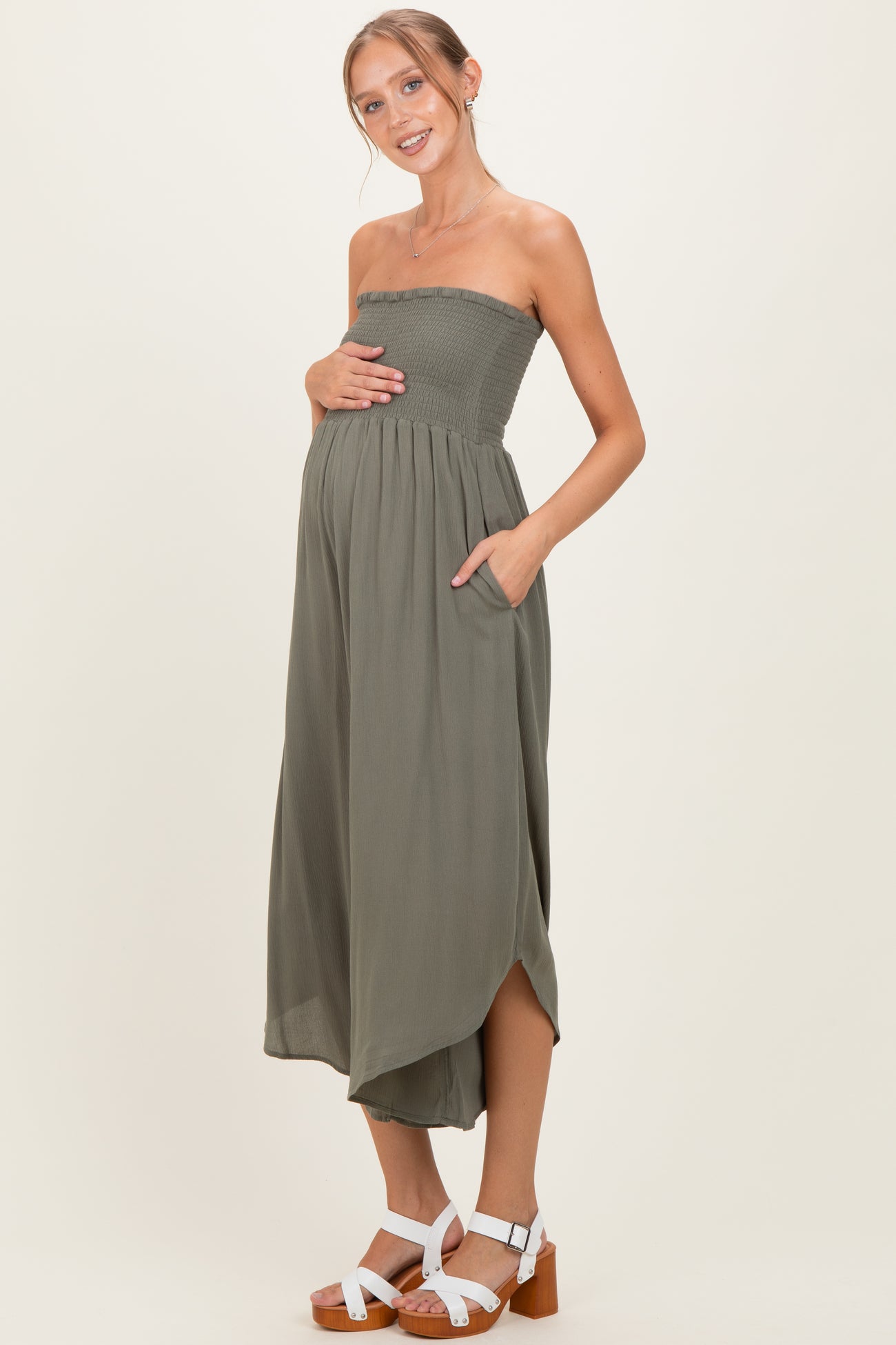 Olive Smocked Strapless Tulip Leg Maternity Jumpsuit