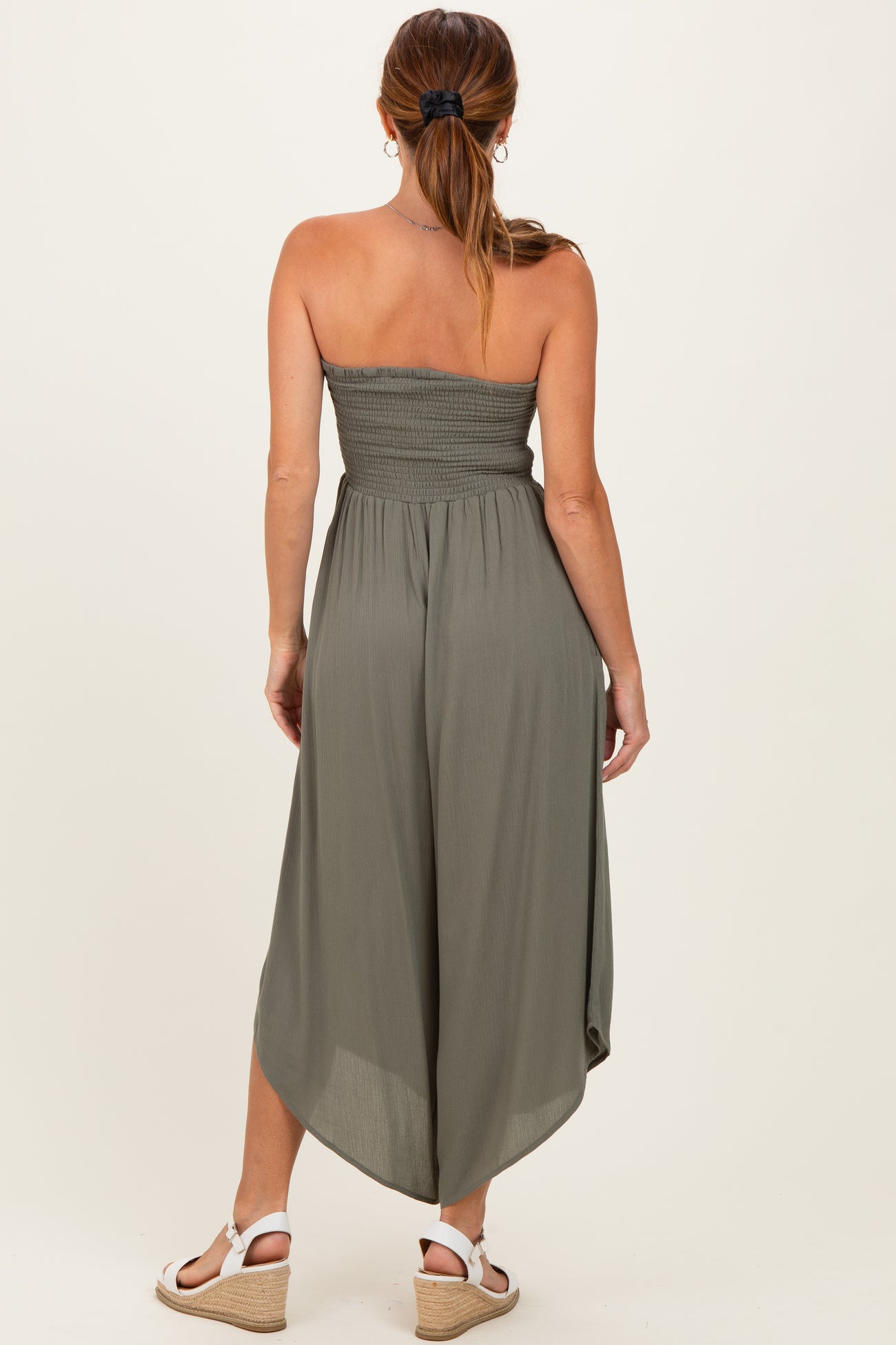 Olive Smocked Strapless Tulip Leg Jumpsuit