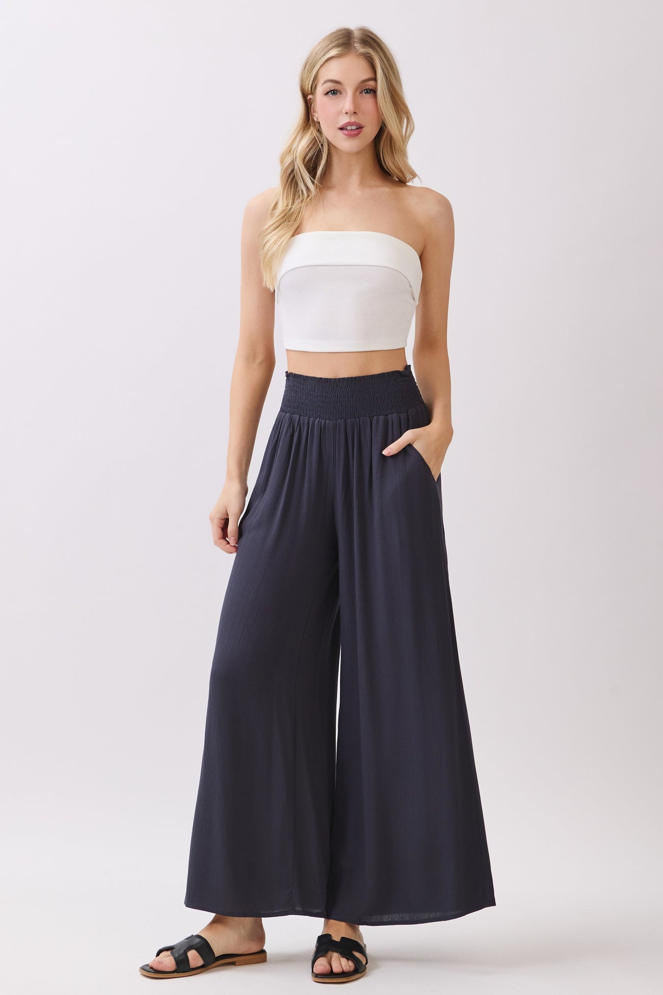 Navy Smocked Waist Ankle Wide Leg Maternity Pants