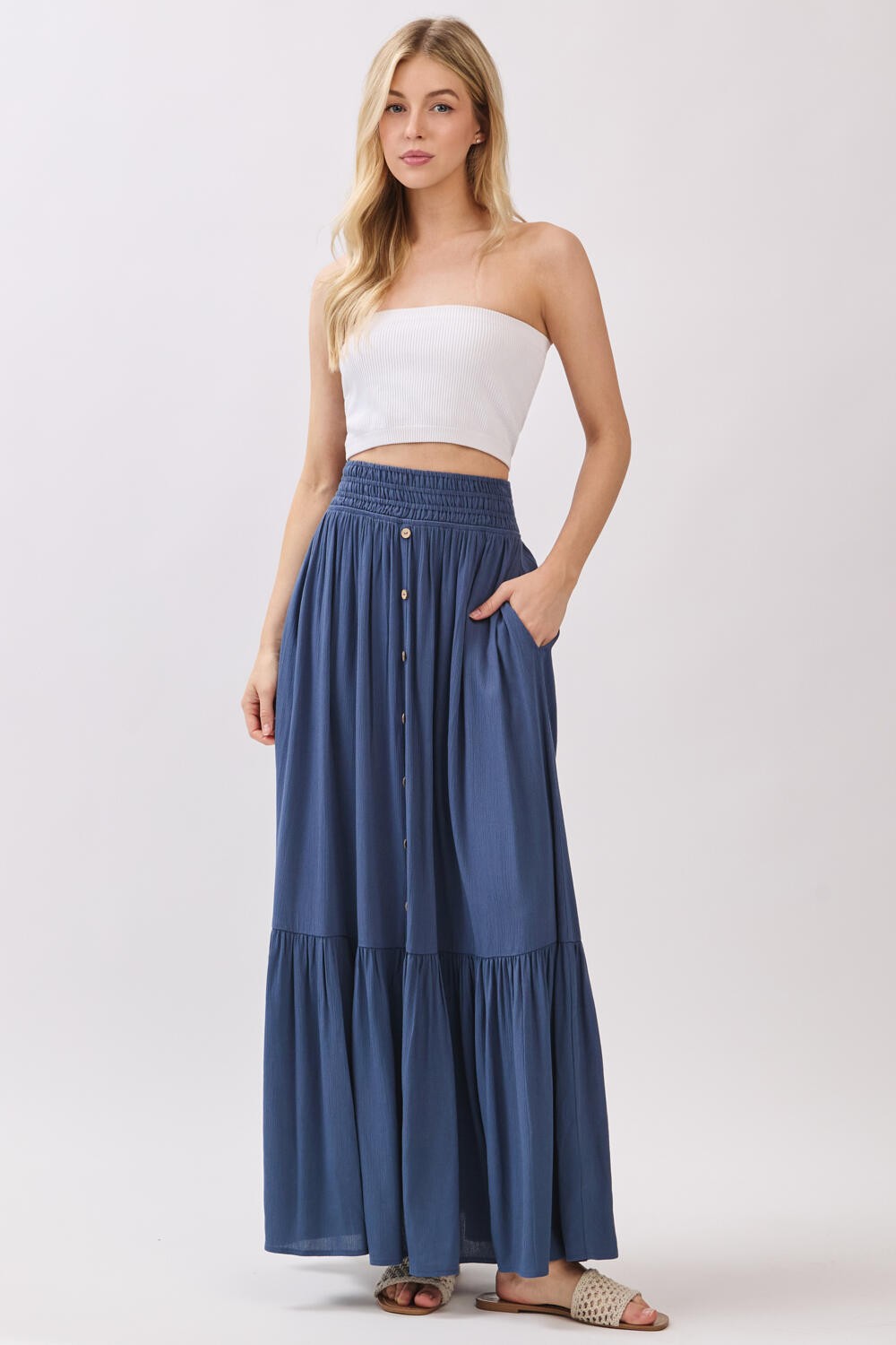 Dark Blue Smocked Waist Button Detail Maternity Maxi Skirt