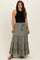 woman wearing a black sleeveless top and a gray tiered maxi maternity skirt with a drawstring waist