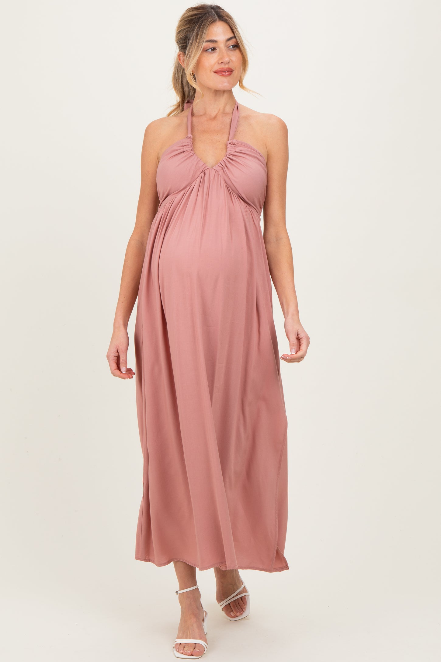 Mauve Halter Neck Side Slit Maternity Midi Dress