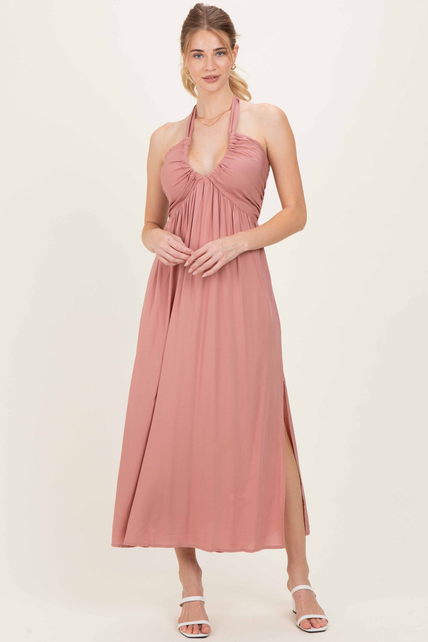 Mauve Halter Neck Side Slit Maternity Midi Dress