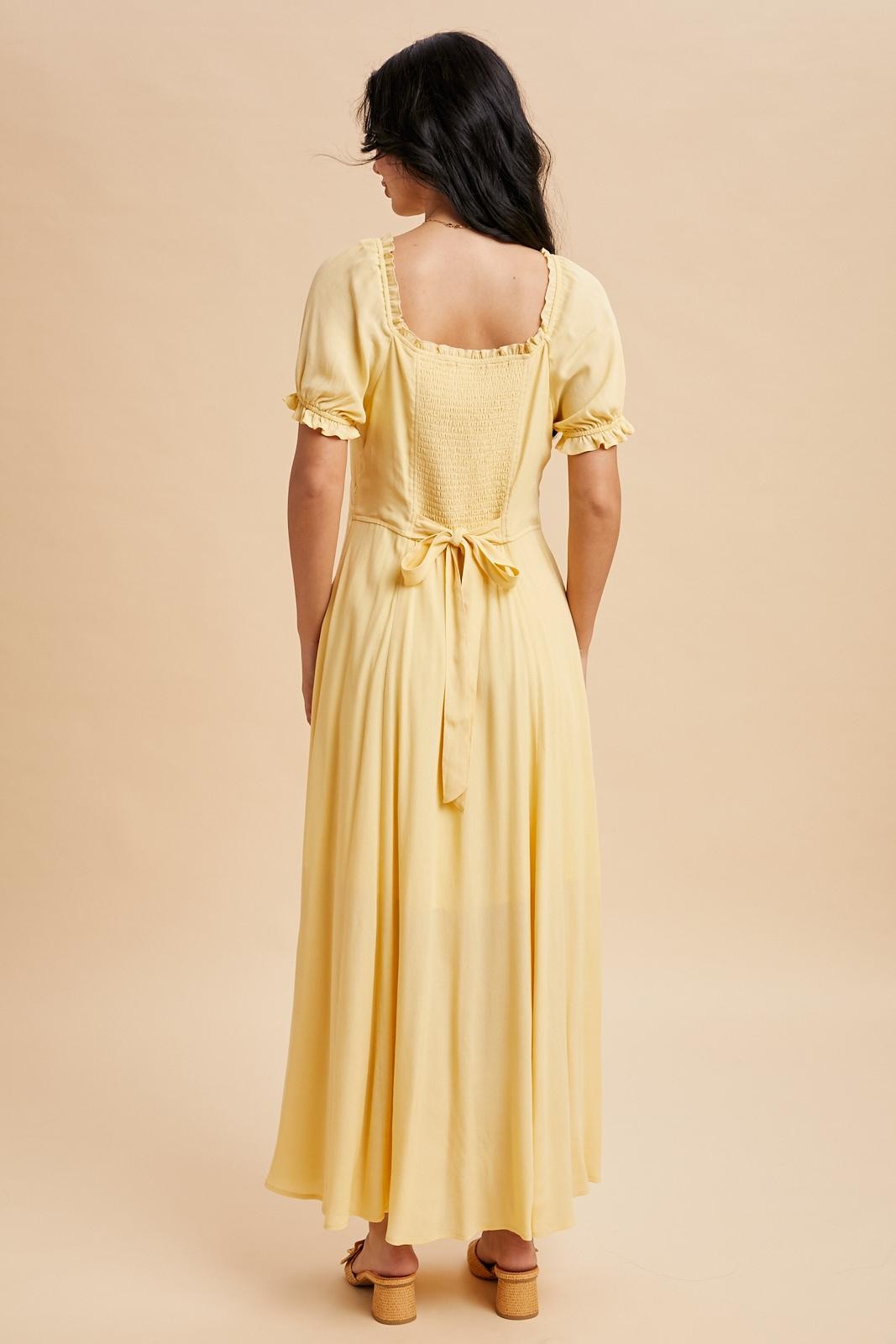 Lemon Button Down Ruffle Trim Maxi Dress