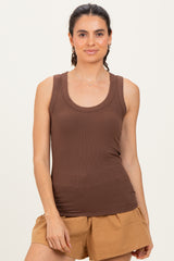 Brown Ribbed Scoop Neck Tank Top