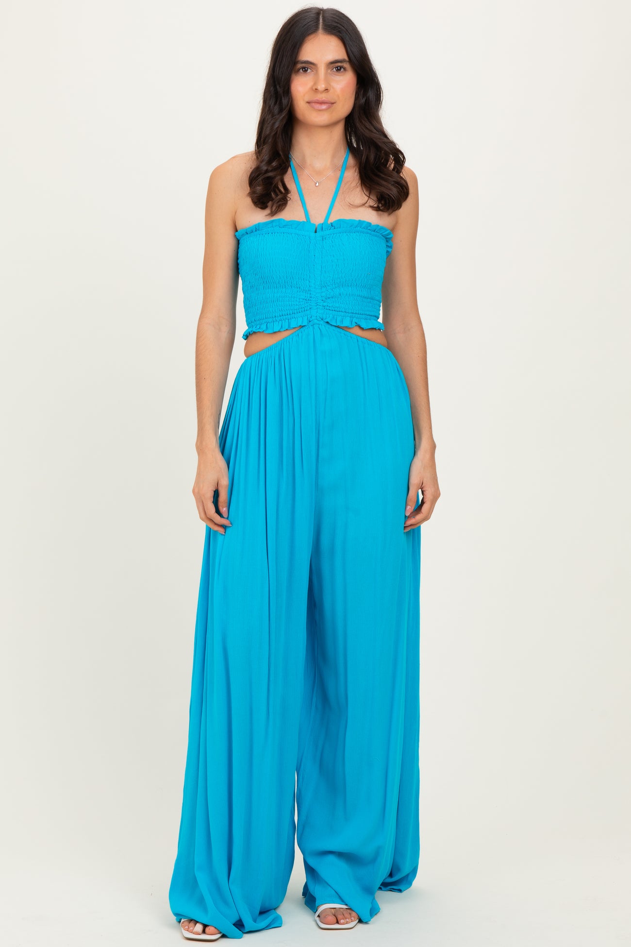 Aqua Blue Smocked Drawstring Halter Side Cutout Maternity Jumpsuit