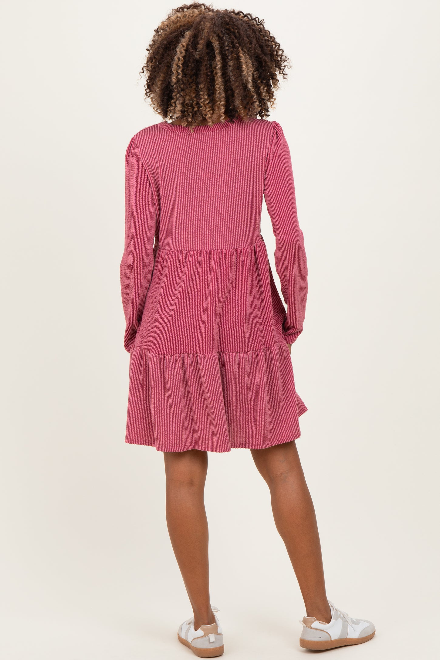 Dark Mauve Textured Rib Tiered Long Sleeve Maternity Dress