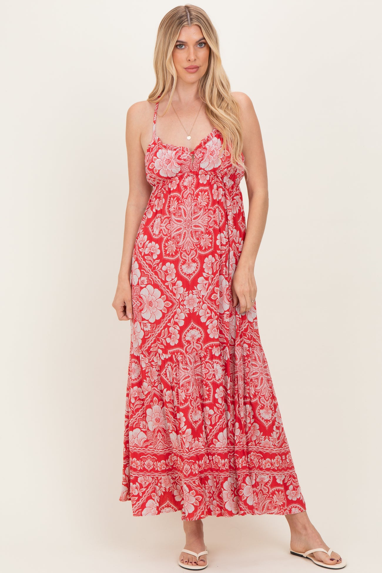 Cranberry Floral Cutout Racer Back Maternity Maxi Dress