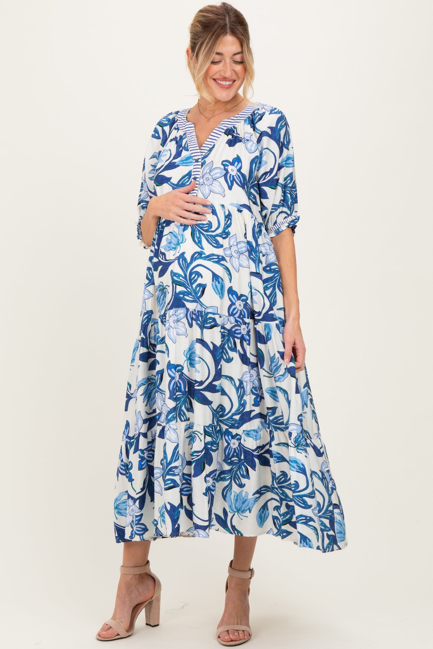 Navy Tropical Floral Tiered Maternity Midi Dress