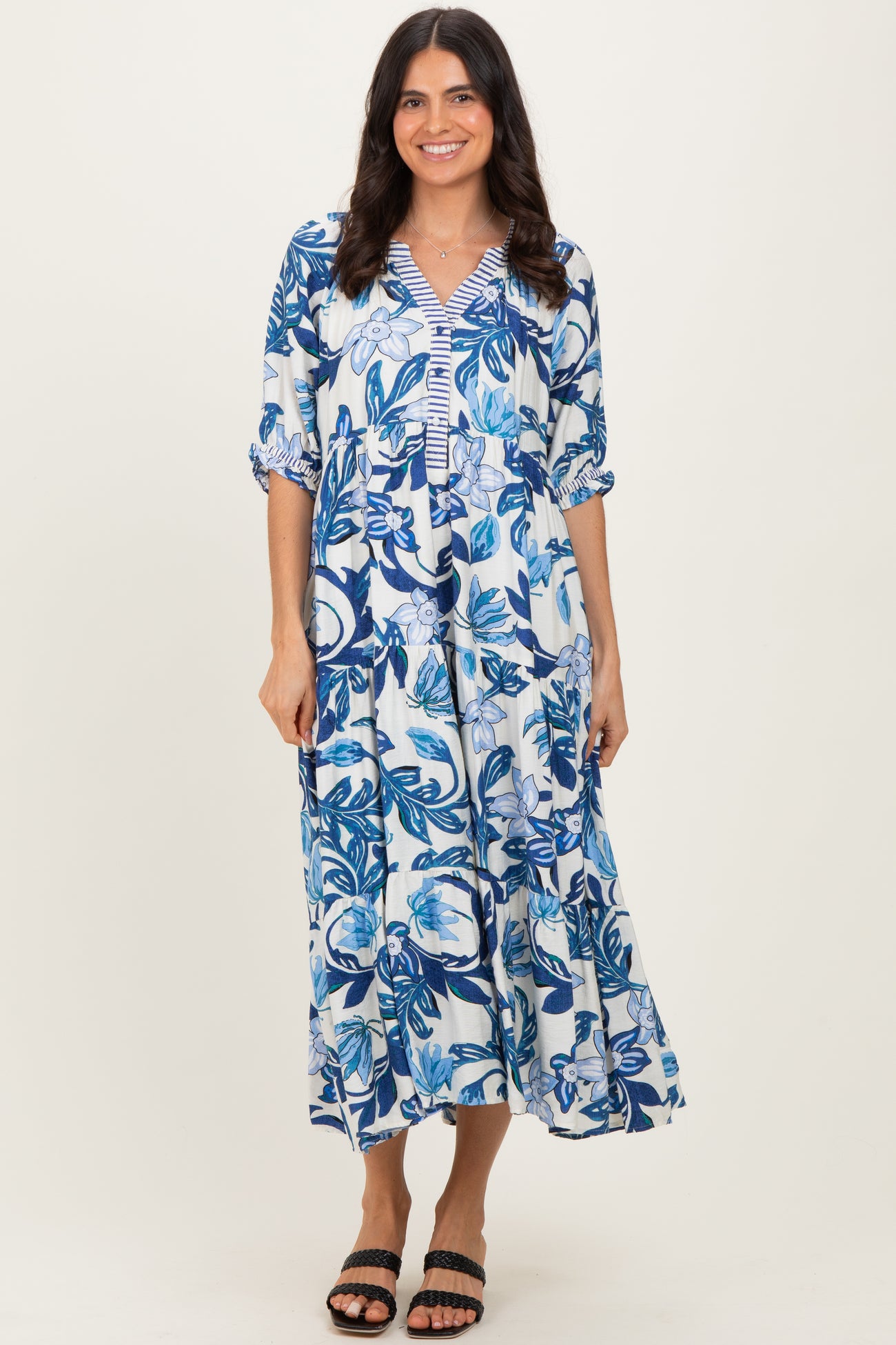 Navy Tropical Floral Tiered Maternity Midi Dress