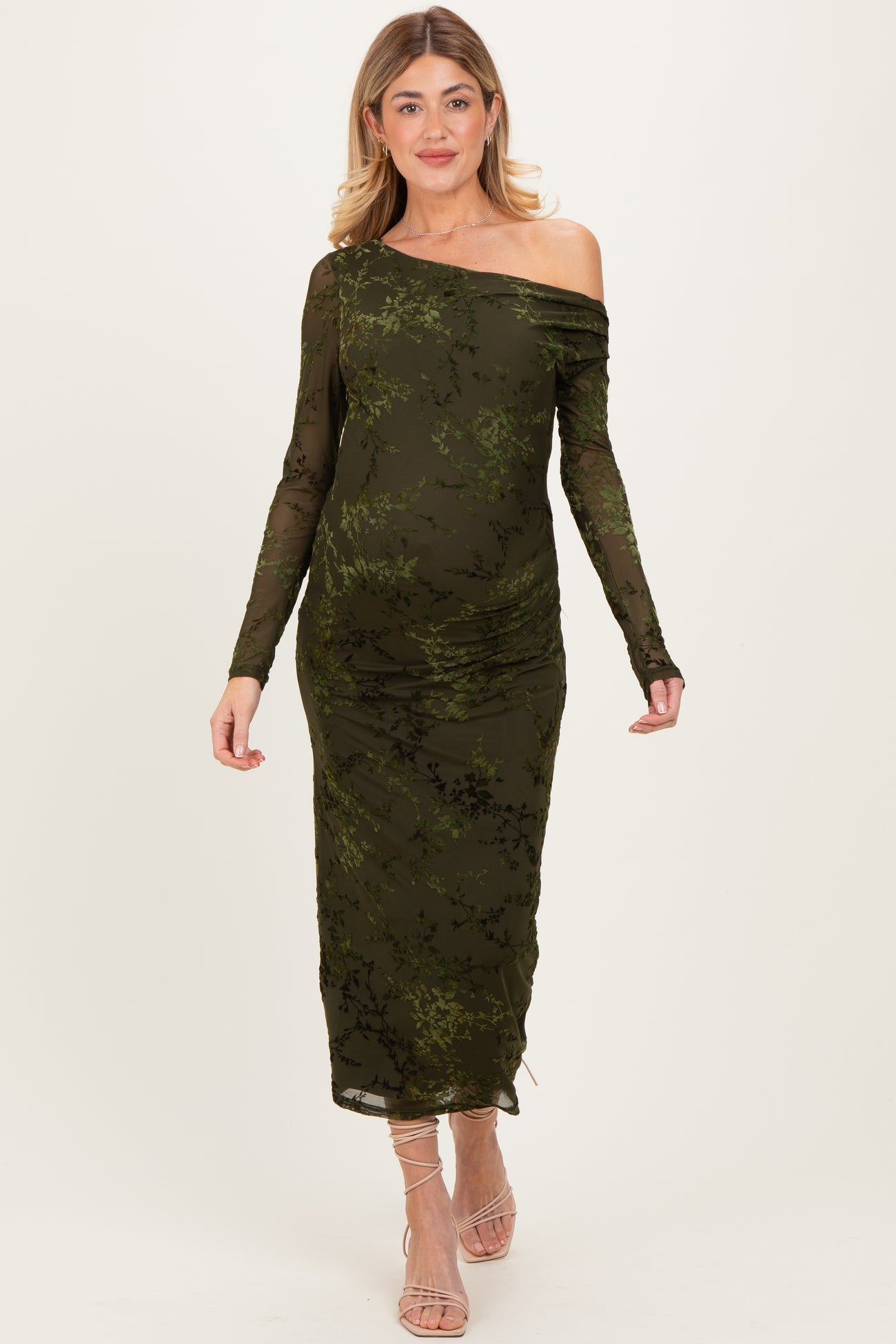 Olive Floral Mesh Overlay One Shoulder Maternity Dress