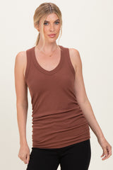 Brown Ribbed Sleeveless Ruched Maternity Tank Top